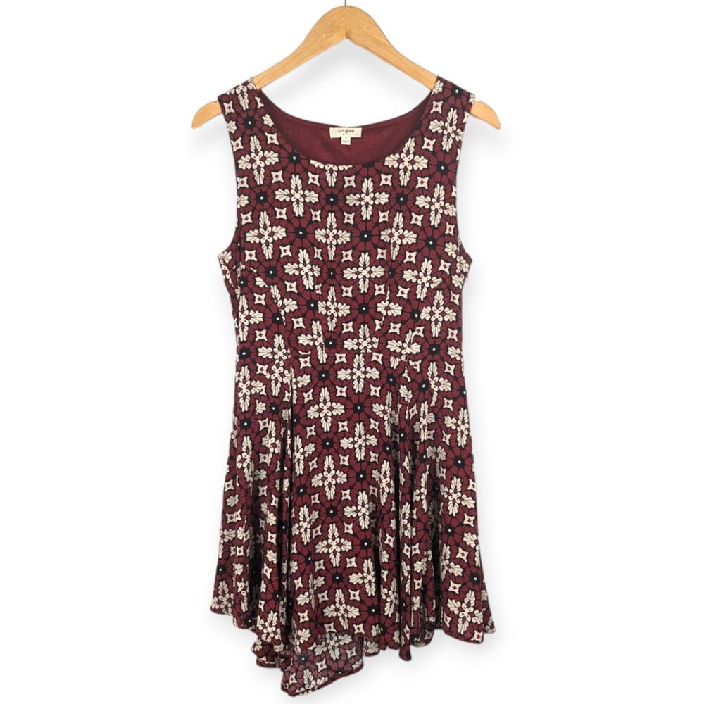 Umgee Burgundy Ivory Geometric Sleeveless Mini Skater Dress Size S Fairy Grunge